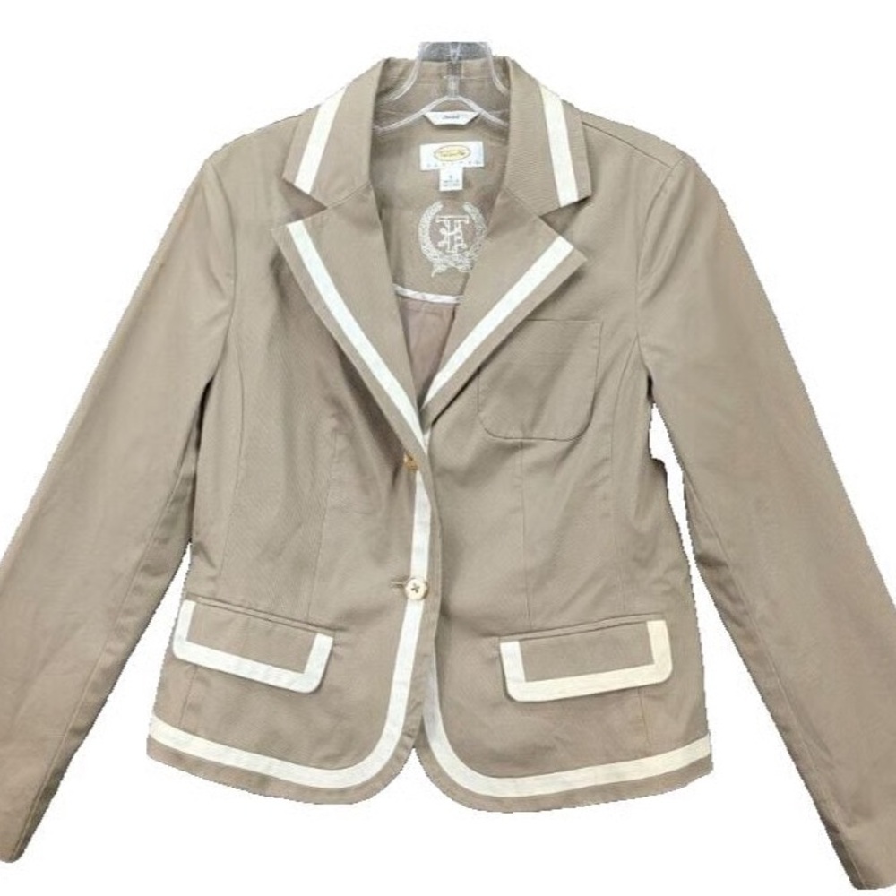 Talbots Tan Blazer with Cream Contrast Trim Gold Buttons 12P A